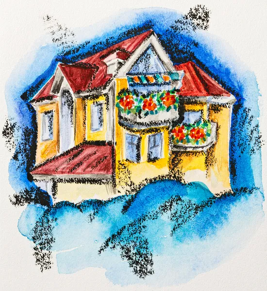 Pohádkový dům s květovaný balkon, akvarel s břidlice tužka — Stock fotografie