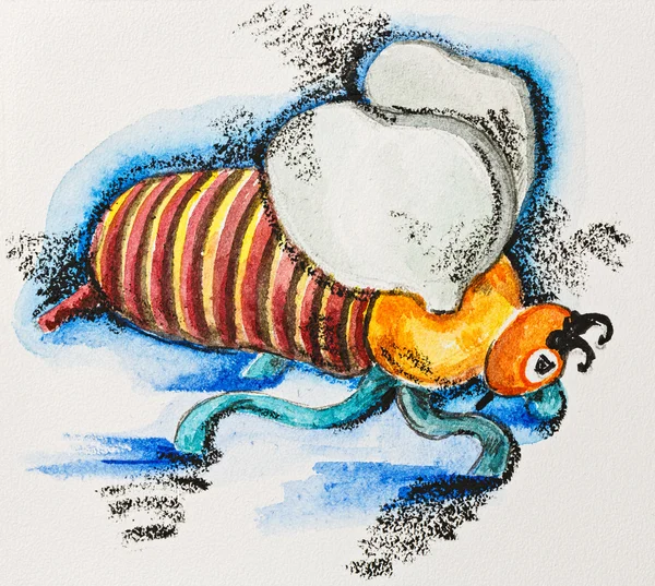 Смішна стилізована жирна смугаста бджола, акварель з парною шифер-олівець — стокове фото