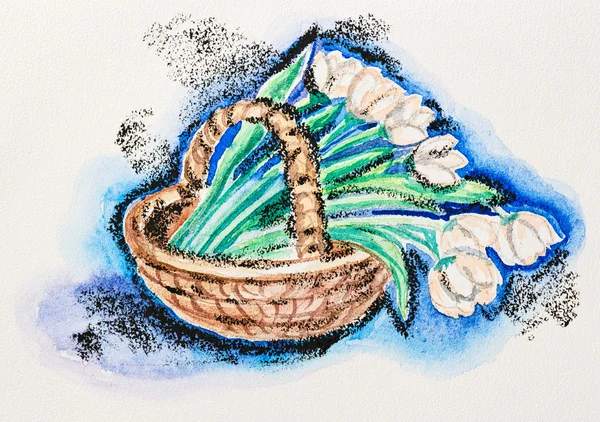 Anbud tulpan blommor i rotting korg stilleben, akvarell wit — Stockfoto