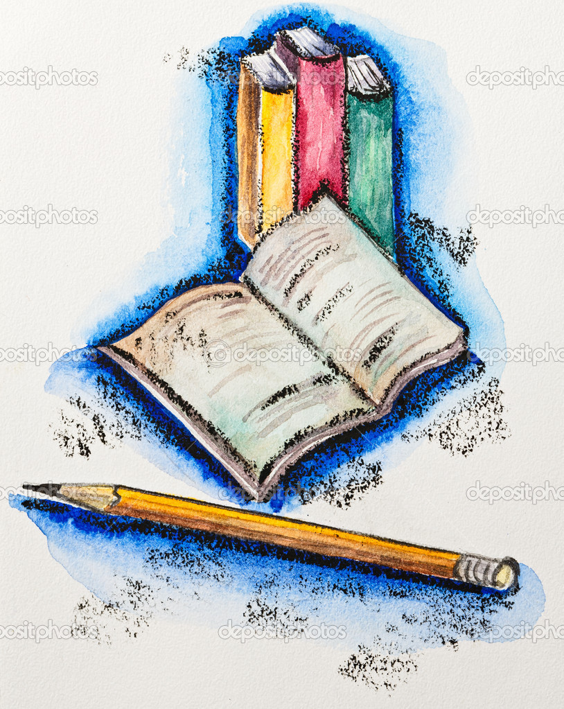 Education school concept with books and pencil, watercolor with
