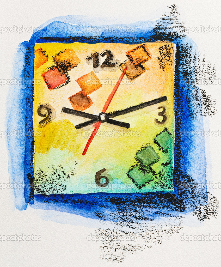 Modern square clock time concept, watercolor with slate-pencil p