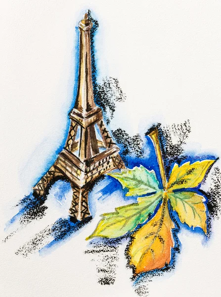 Tour Eiffel avec feuille de châtaignier, aquarelle avec ardoise-crayon pa — Photo