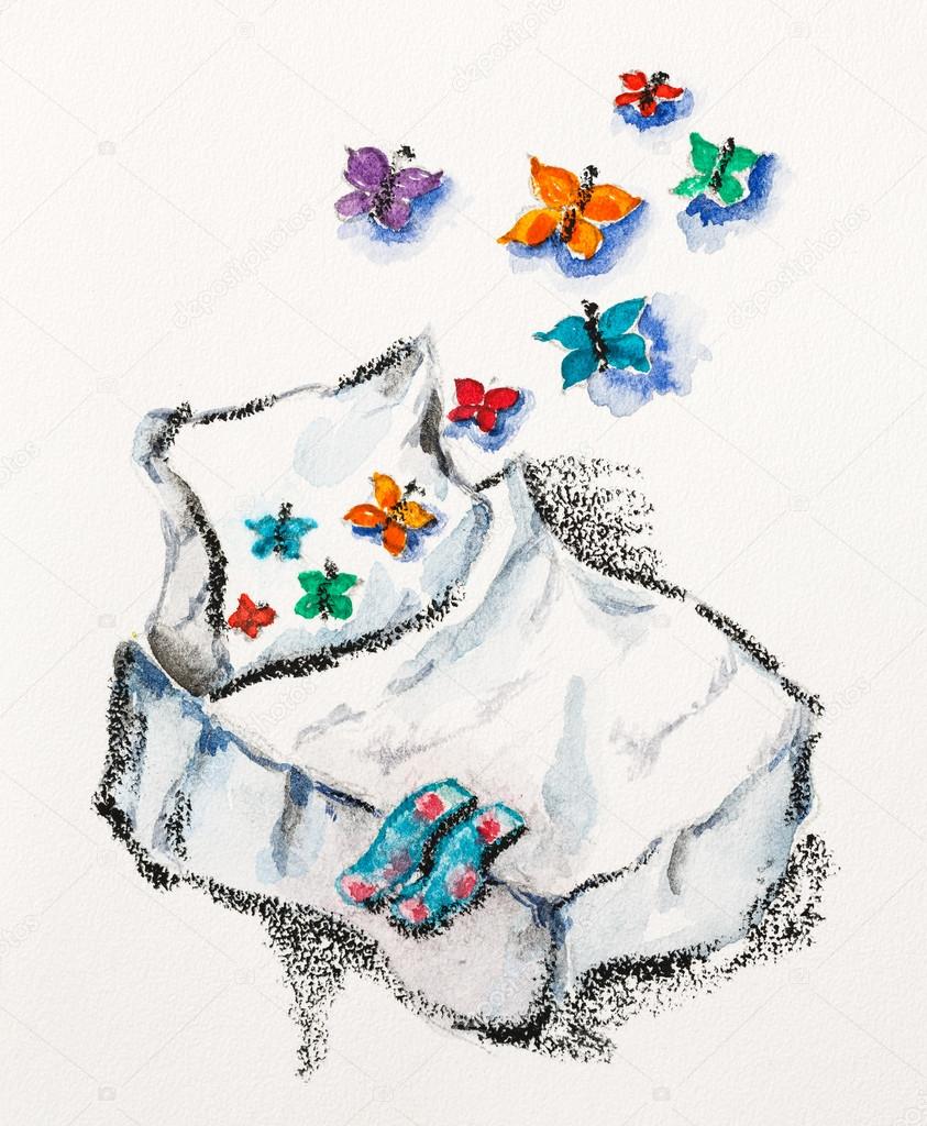 Good dreams concept with bed and butterflies, watercolor with sl