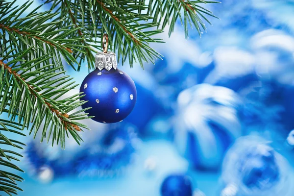 Kerstmis bal op blauwe spar tak over wazig blauwe pagina — Stockfoto
