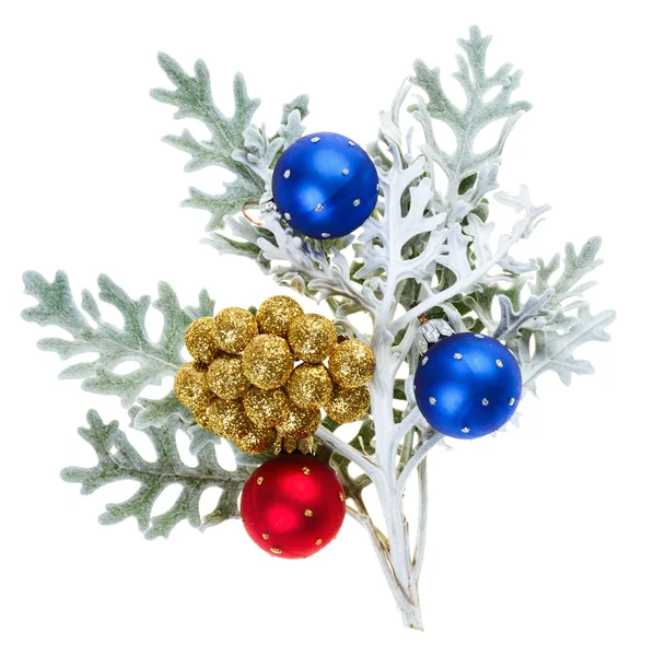 Red and blue Christmas balls on branch, isolated on white — Stock Photo, Image