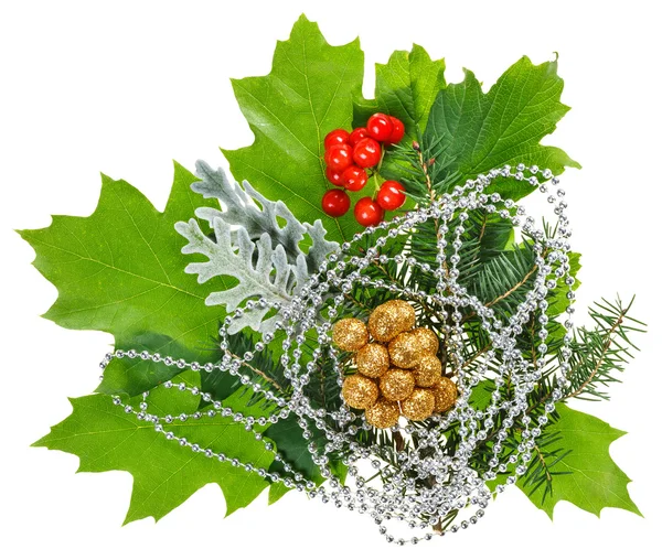 New Year composition with ilex, fir, berries and beads, isolated — Stock Photo, Image