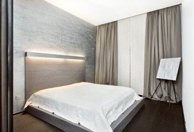 modern mimari tarz yatak odası iç siyah beyaz tonlarında
