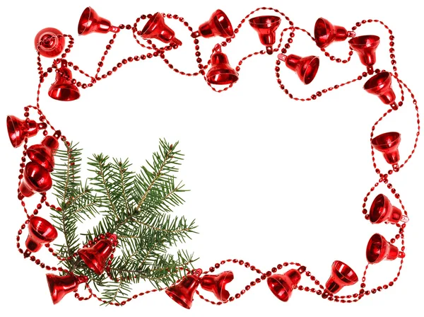 Kerstmis rode bell garland frame met fir branch, geïsoleerd op wh — Stockfoto