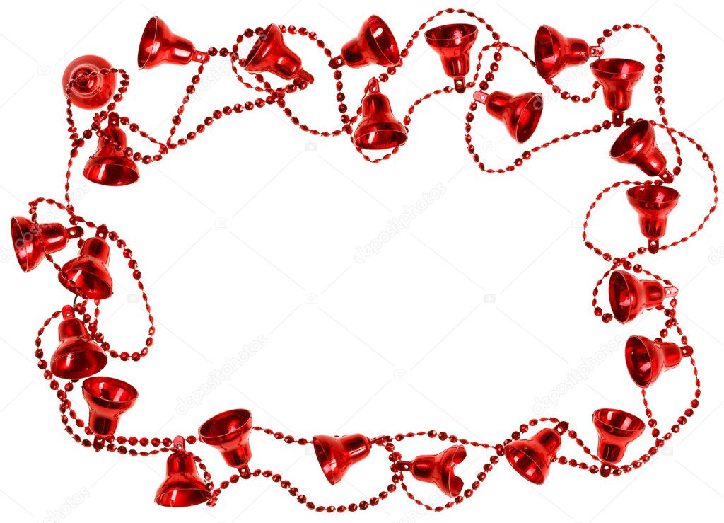 Red Christmas bell garland frame, isolated on white