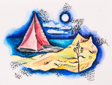 Scarlet sailed boat seascape, watercolor with slate-pencil paint clipart