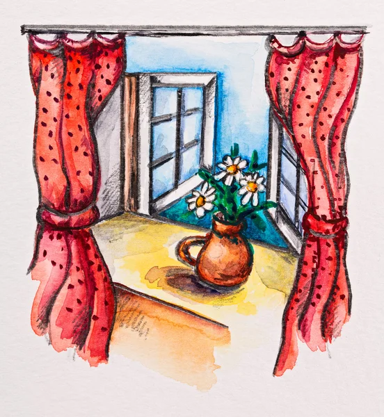 Windowsill with red curtains and flower bouquet, watercolor with — Stock Photo, Image