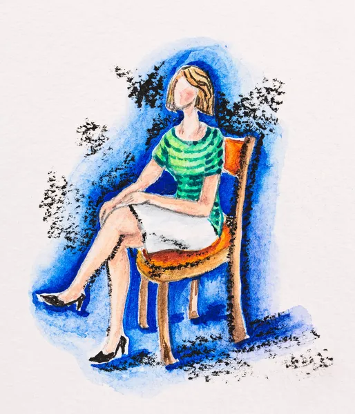 Woman sitting on a chair, watercolor with slate-pencil painting — Stock Photo, Image