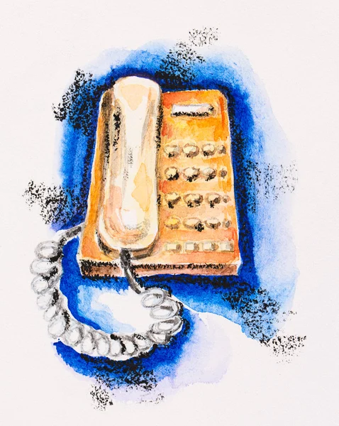 Orange push-button telephone on blue, watercolor with slate-penc — Stock Photo, Image