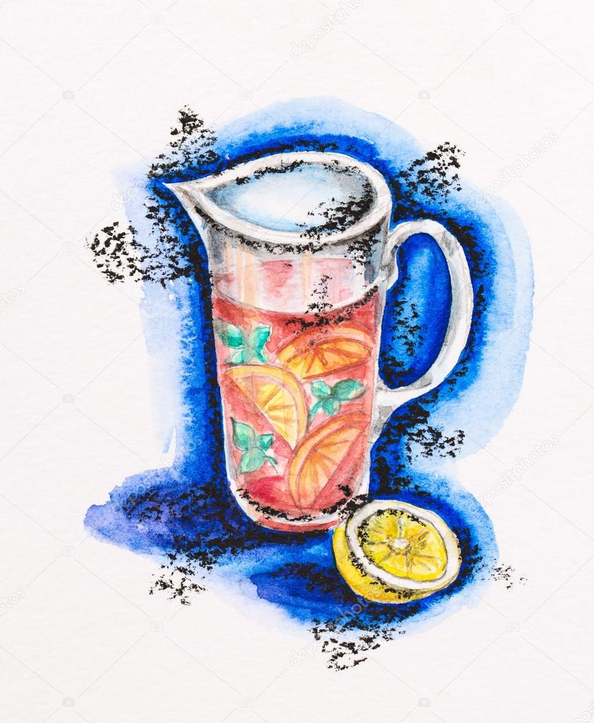 Jug with lemonade and lemon still life, watercolor with slate-pe