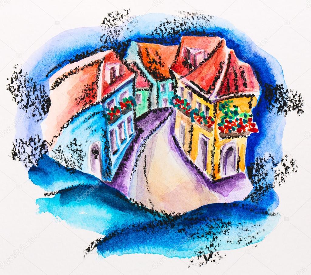 Fairy town street with flowered balcony houses, watercolor with