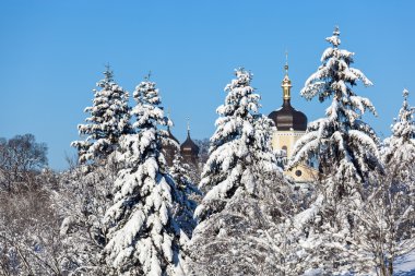 mooie winterlandschap met sneeuw bedekt sparren en oude kerk
