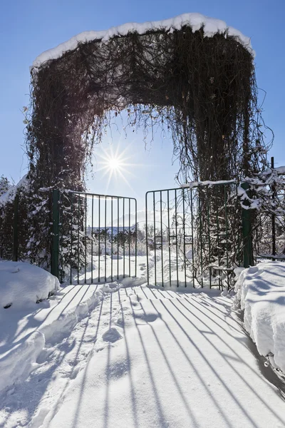 Entrée jardin d'hiver avec portail à crépuscule, soleil éclatant et beauti — Photo