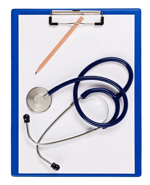 Blue medical clipboard with stethoscope isolated on white — Stock Photo, Image