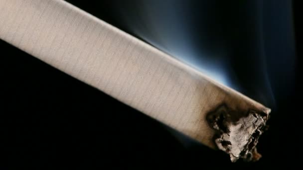 Macro view of burning cigarette with smoke on black — Stock Video