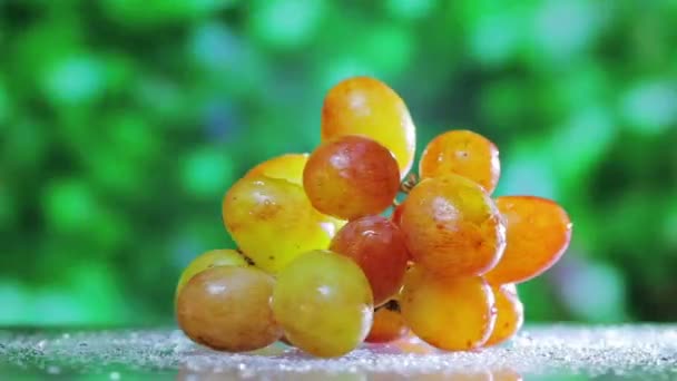 Racimo de uvas moscatel girando sobre fondo verde al aire libre — Vídeos de Stock