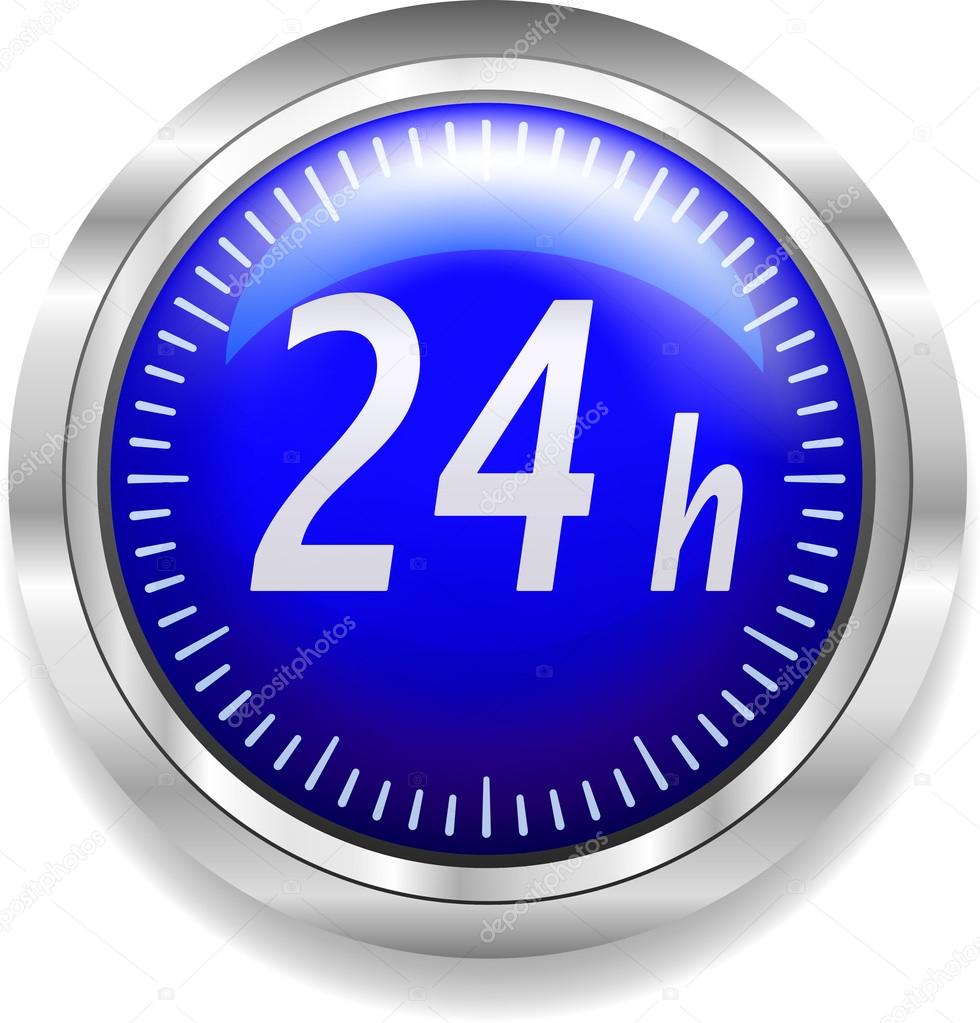 24 hours around the clock symbol on blue and silver