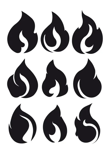 Set of 9 black fires for design or tattoo — Stock Vector