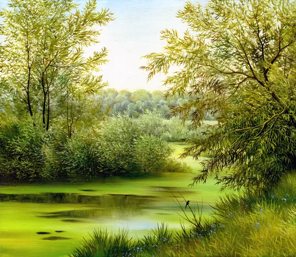 Hermoso paisaje de verano, lienzo, óleo — Foto de Stock
