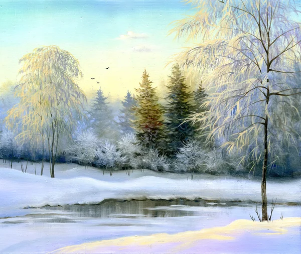 Beautiful winter landscape, canvas, oil — Stock Photo, Image