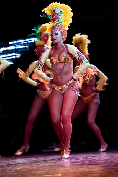 Танцоры в красивых платьях выступают в Тропикане Стоковое Изображение