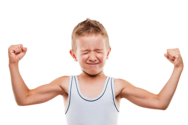 Smiling sport child boy showing hand biceps muscles strength — Stock Photo, Image