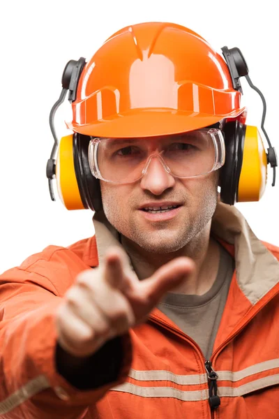 Engineer or manual worker man in safety hardhat helmet white iso — Stock Photo, Image