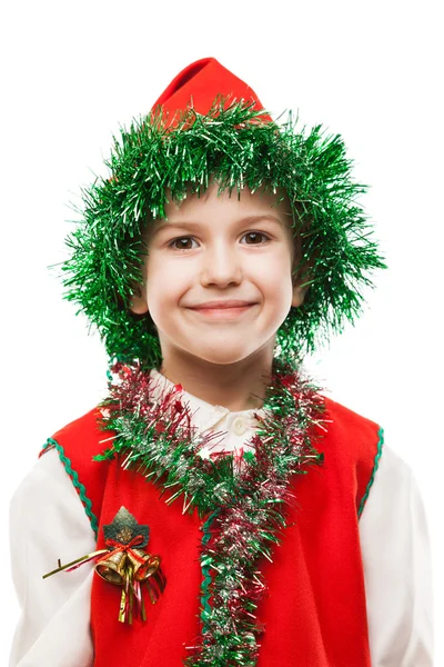 Μικρό χαμογελαστό παιδί αγόρι στο κοστούμι της gnome ή ξωτικό — Φωτογραφία Αρχείου