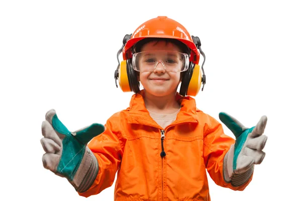 Pequena criança sorridente menino engenheiro ou trabalhador manual — Fotografia de Stock