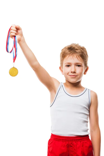 Smiling athlete champion child boy gesturing for victory triumph — Stock Photo, Image