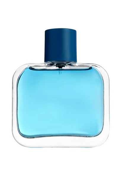 Niebieskie szkło butelki perfum na białym tle. — Zdjęcie stockowe