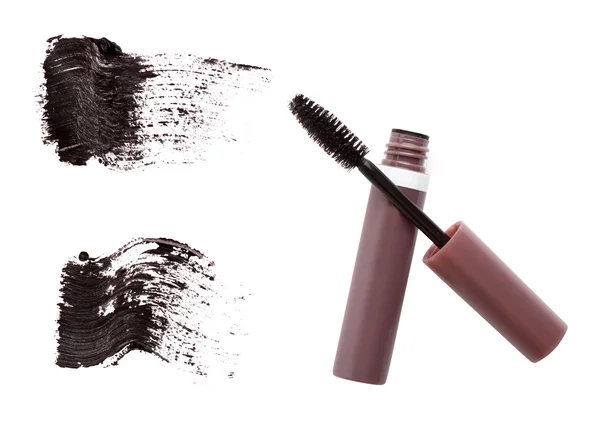 Mascara Pinsel, Tube und Striche isoliert auf weiß — Stockfoto