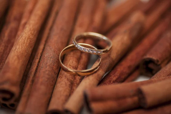 Dois anéis de casamento dourados na canela — Fotografia de Stock