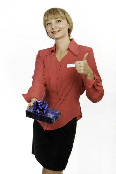 Young blond woman consultant welcomes — Stock Photo, Image