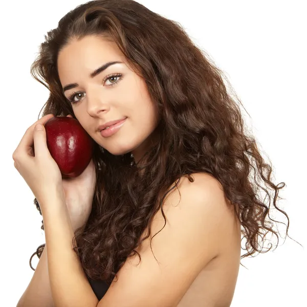 Indah brunette memegang apel — Stok Foto