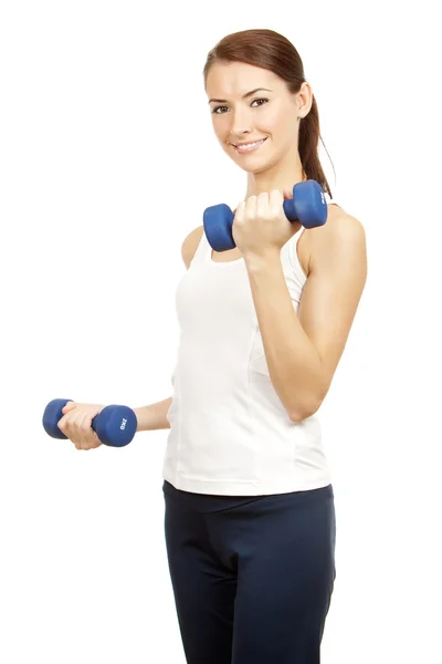 Young brunette woman with dumbells — Stock Photo, Image