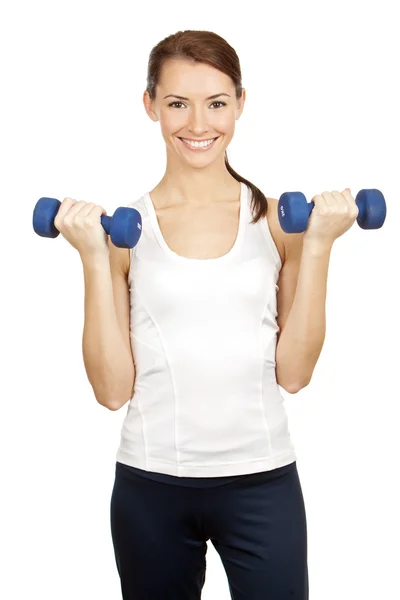 Young brunette woman with dumbells — Stock Photo, Image