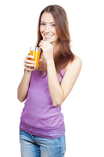 Beautiful brunette woman holding glass of juice — Stock Photo, Image