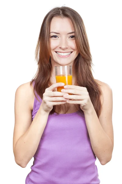 Beautiful brunette woman holding glass of juice — Stock Photo, Image