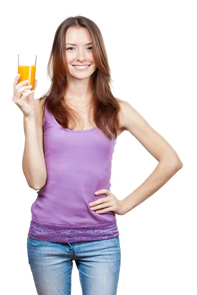 Beautiful brunette woman holding glass of juice — Stock Photo, Image