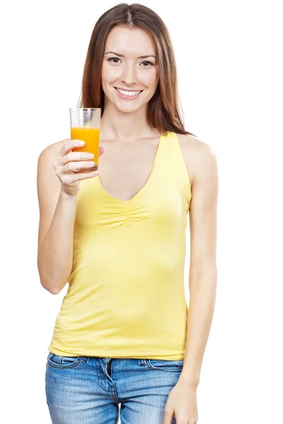 Beautiful brunette woman holding glass of juice — Stock Photo, Image