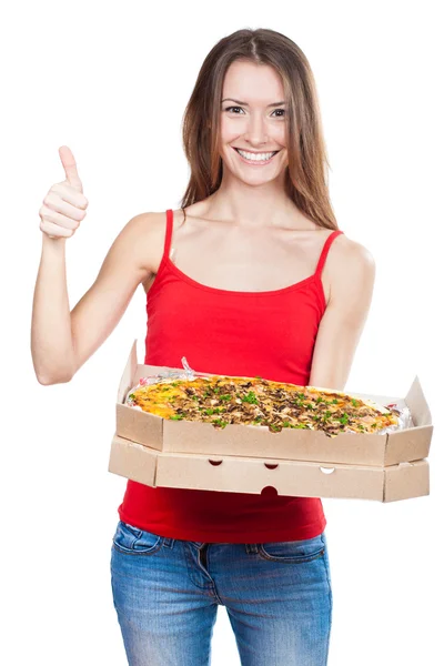 Mulher morena bonita segurando caixa com pizza — Fotografia de Stock