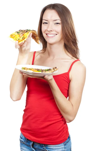 Mulher morena bonita segurando pedaço de pizza — Fotografia de Stock