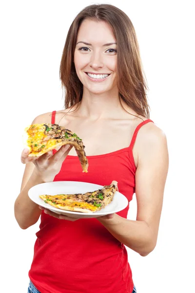 Schöne brünette Frau hält Stück Pizza — Stockfoto