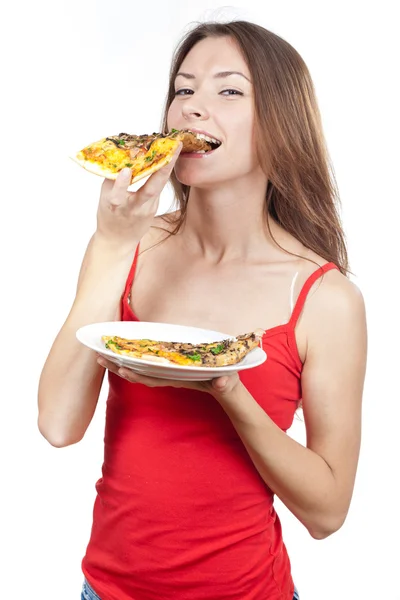 Vacker brunett kvinna äta pizza — Stockfoto