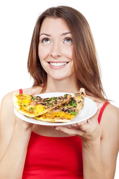Mulher segurando placa com pedaços de pizza — Fotografia de Stock